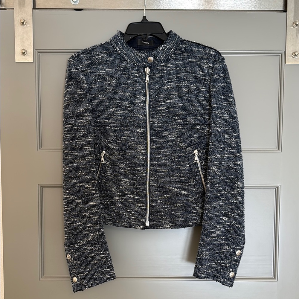 Theory Navy and White Tweed Jacket Structured Knit